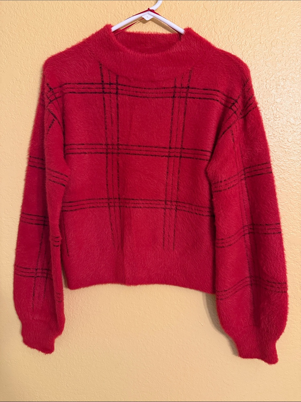 Chelsea & Violet Red Plaid Fuzzy Crewneck Sweater